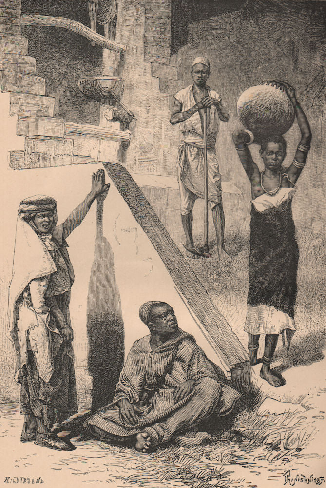 Arabs, Sudanese Negro and Female Shilluk slave 1885 old antique print picture